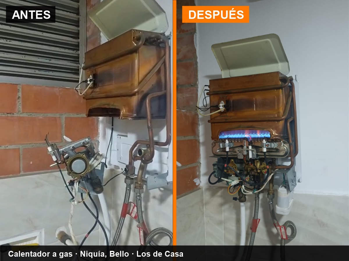 Antes y después de la reparación del sistema hidráulico de un calentador a gas Challenger en Niquía, Bello